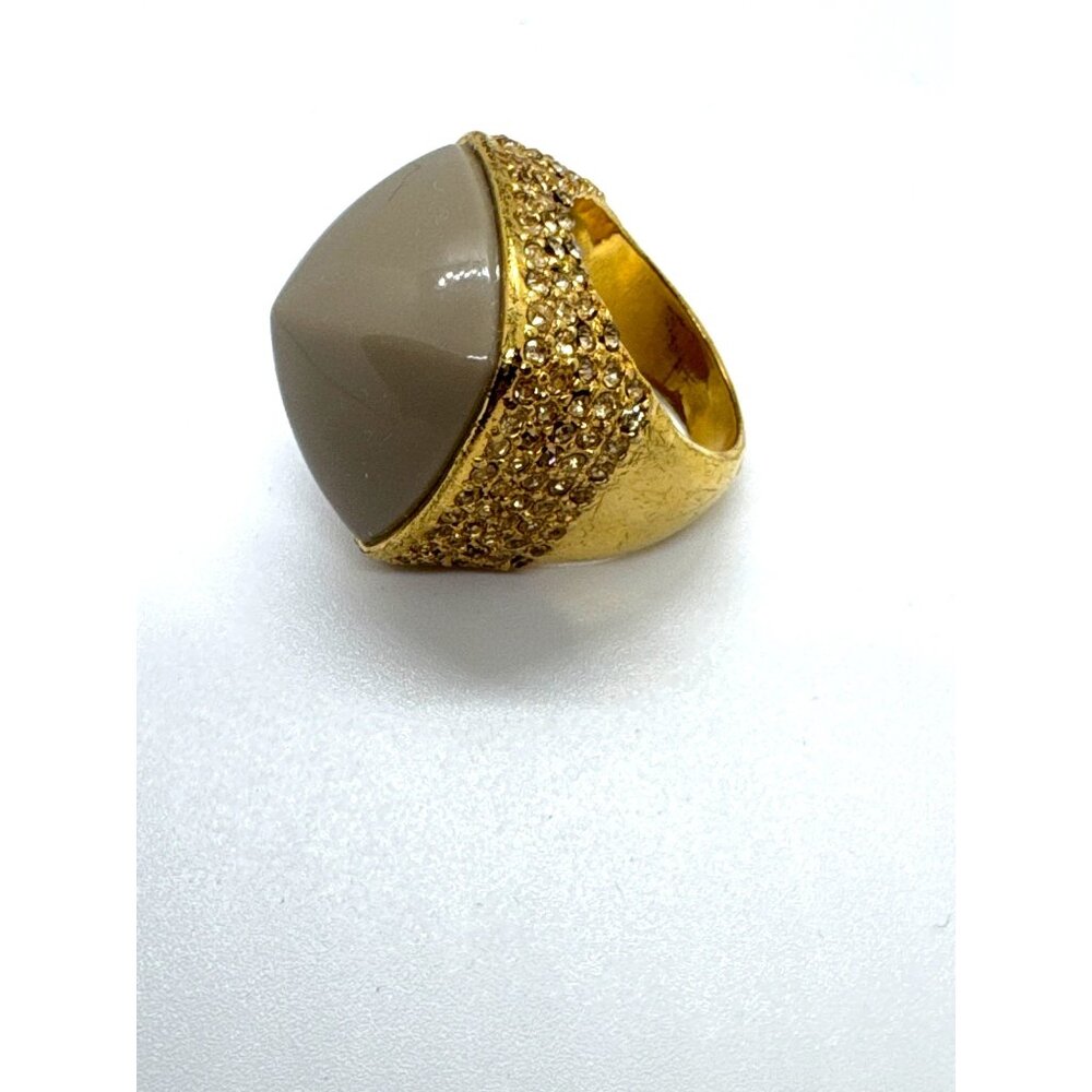 Gold Tone Square Dome Ring Tan Stone Pave' Crystal Sides Size 7 Statement Glam - Picture 9 of 10